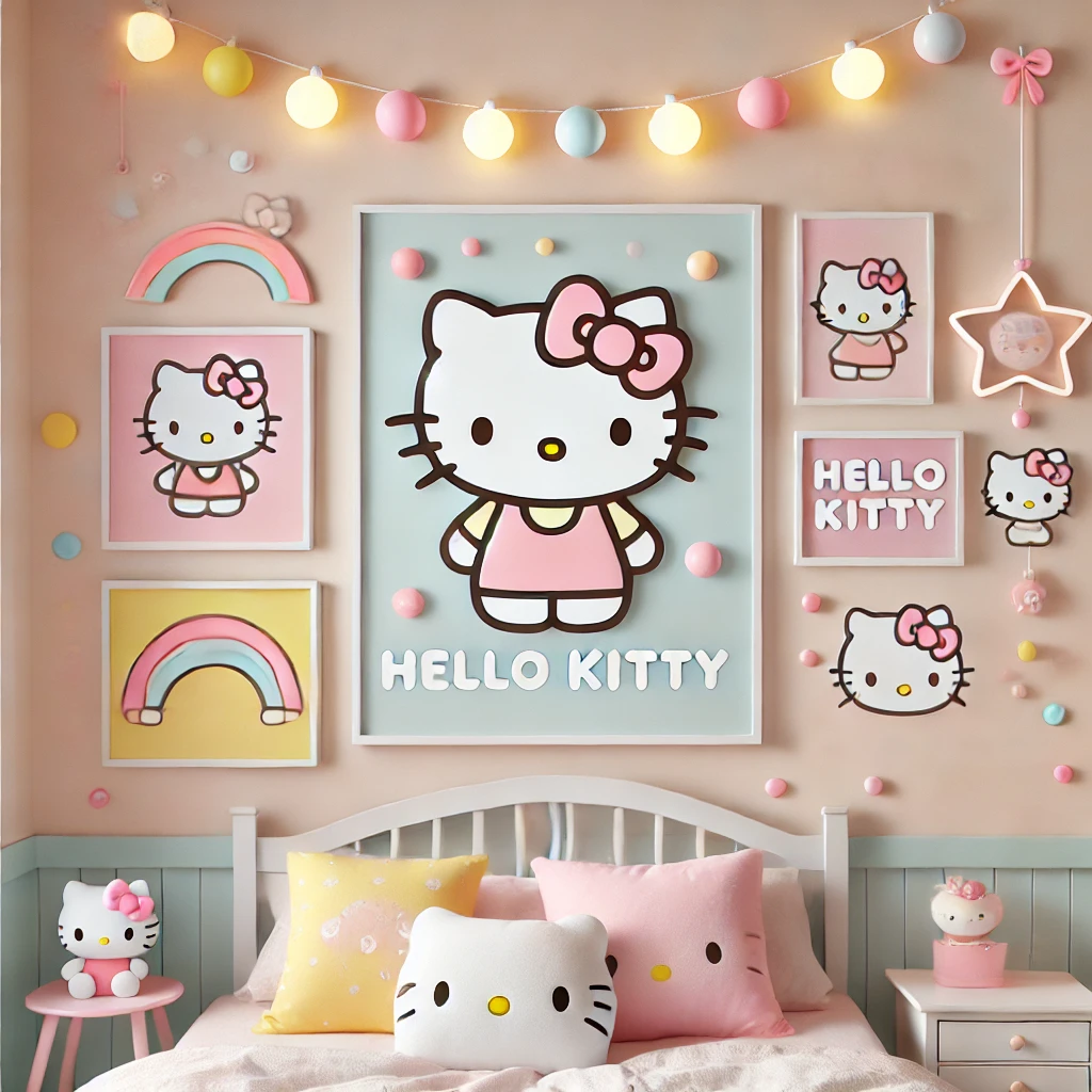 A vibrant Hello Kitty-themed wall decoration with a large framed Hello Kitty illustration, smaller pastel frames, fairy lights, decals, and a hanging planter.