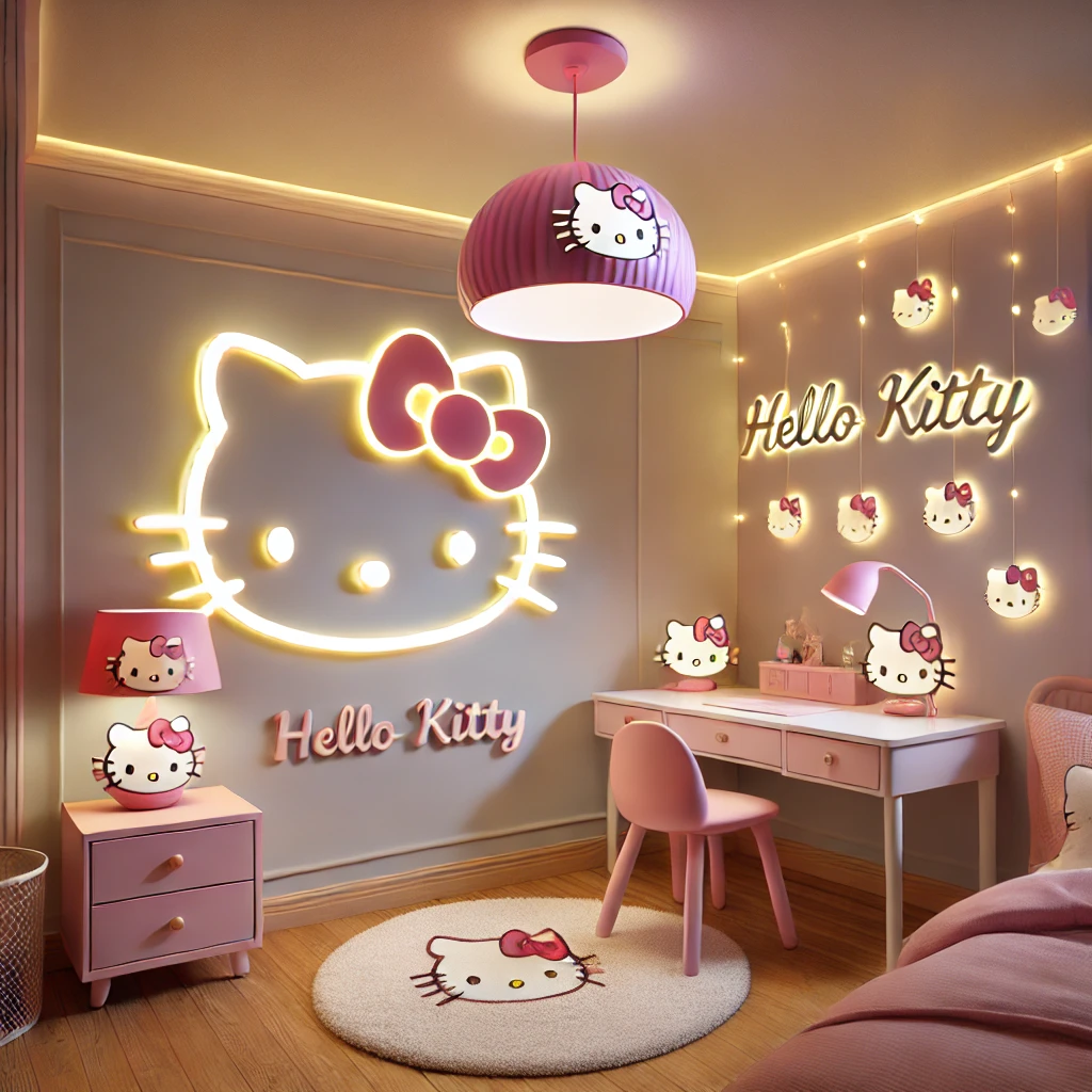 A cozy room with Hello Kitty-themed lighting, featuring a ceiling pendant light, a glowing pink table lamp, and fairy lights in a playful, pastel-colored space.