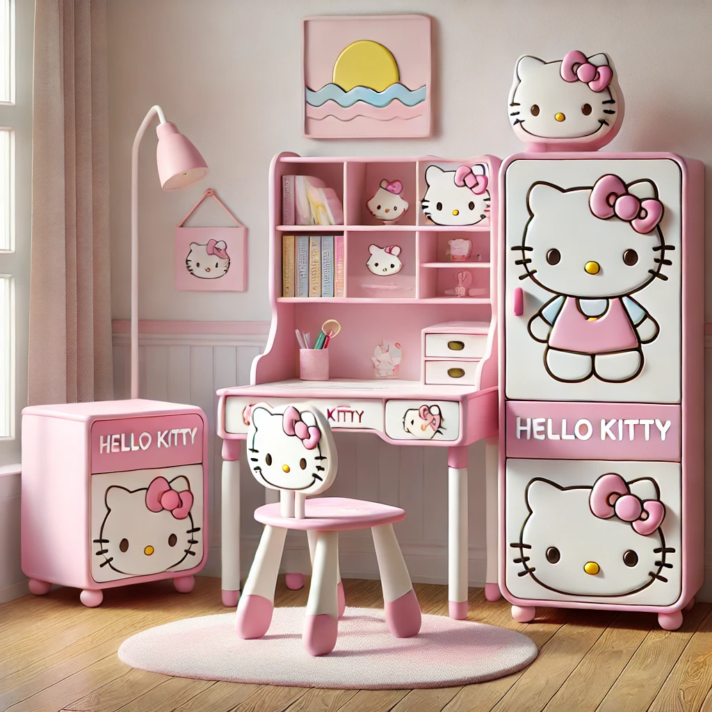 A set of functional and stylish Hello Kitty-themed furniture, including a pink desk, matching chair, bookshelf, and wardrobe with playful Hello Kitty accents.