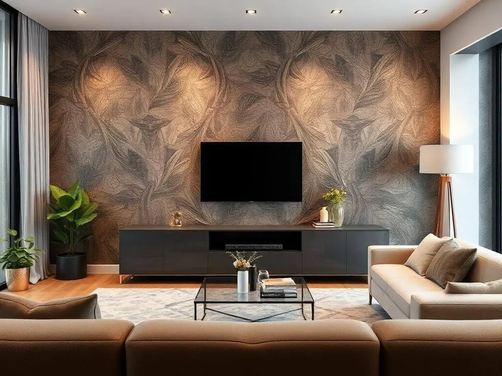 Modern living room with a tropical-themed dark wallpaper, sleek black entertainment console, beige sofas, and natural accents like indoor plants.