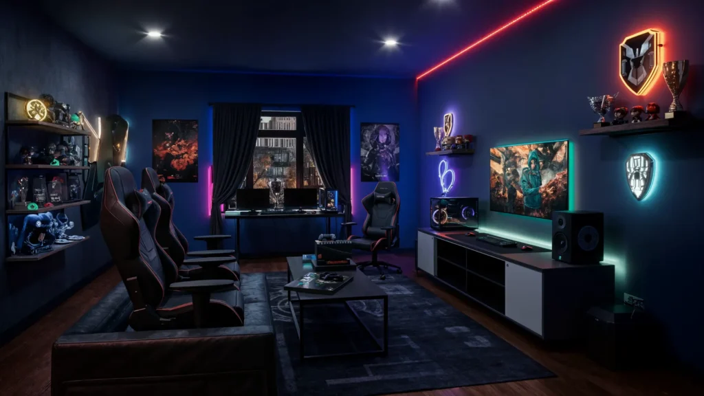 A modern game room featuring stylish decor with gaming chairs, a pool table, LED lighting, and wall-mounted gaming memorabilia.