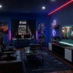 A modern game room featuring stylish decor with gaming chairs, a pool table, LED lighting, and wall-mounted gaming memorabilia.