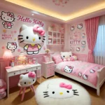 A cozy and cute Hello Kitty-themed room with pastel pink walls, Hello Kitty bedding, plush toys, and soft lighting.