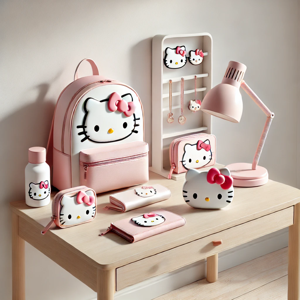 A minimalist display of Hello Kitty accessories, including a backpack, wallet, jewelry stand, and desk organizer, arranged on a light wooden desk in a bright room.