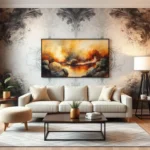 Elegant living room featuring abstract wallpaper decor, a neutral-toned sofa, artistic wall art, and a contemporary coffee table.