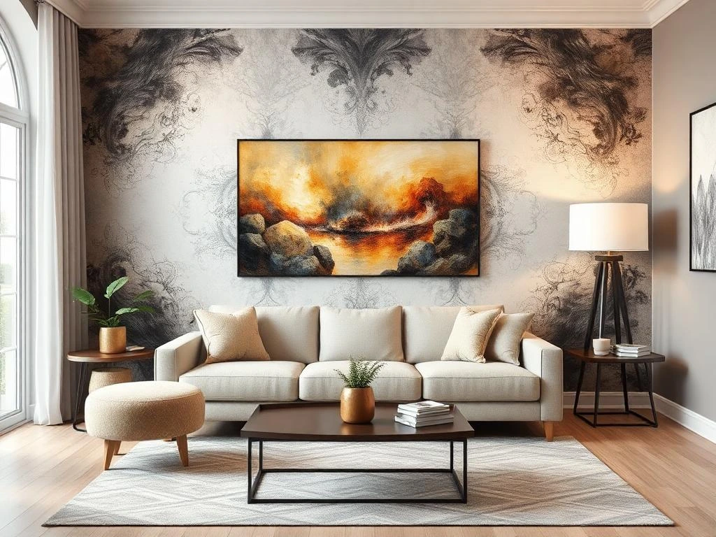 Elegant living room featuring abstract wallpaper decor, a neutral-toned sofa, artistic wall art, and a contemporary coffee table.